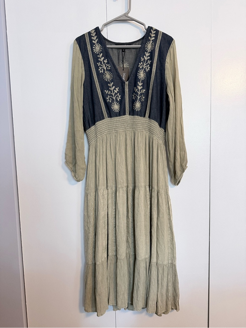 Young Threads Boho Embroidered V-Neck Long Sleeve Dress -